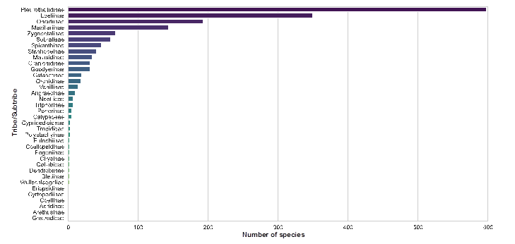 Distribution of species numbers across the tribes/subtribes within the Costa Rican orchid flora.