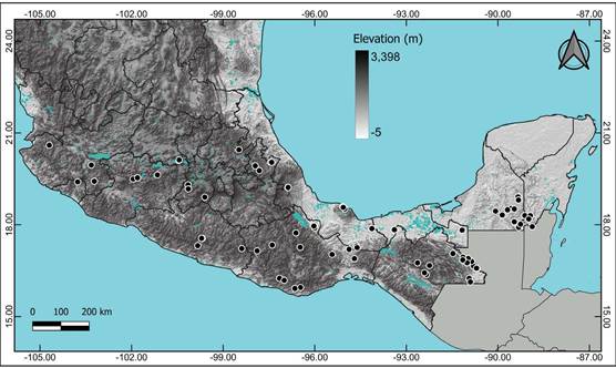 Map of recorded localities (dots) in Mxico for the genus Anathallis.