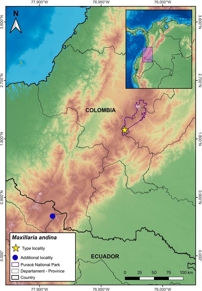 Geographical locations of Maxillaria andina Pisso-Florez, J.S.Moreno, P.A.Harding & Baquero in Colombia and Ecuador.