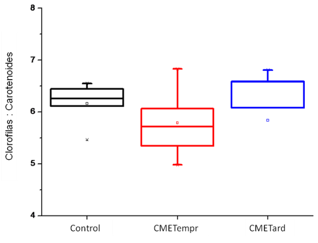 Variaci&oacute;n de la relaci&oacute;n clorofilas totales: carotenos despu&eacute;s del octavo d&iacute;a en cultivos de C. vulgaris