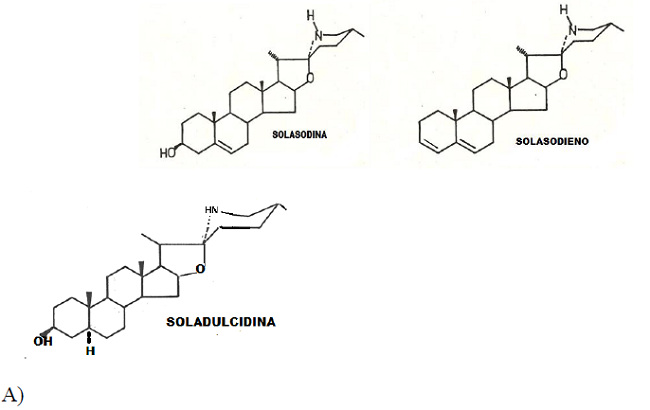 Estructuras de los compuestos esteroidales aislados e identificados de los frutos del Solanum jamaicense Mill. A) Alcaloides esteroidales. B) Sapogeninas esteroidales