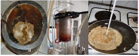 Processos de extra&ccedil;&atilde;o de oleos: a) prensa a frio e b) soxhlet; c) cozimento do material vegetal