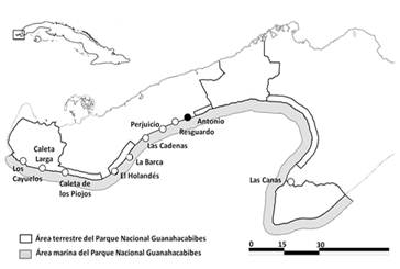 Playas de la costa sur de la Pen&iacute;nsula de Guanahacabibes. En negro aparece Playa Antonio