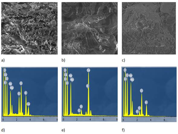 Micrograf&iacute;as Electr&oacute;nicas de Barrido obtenidas a una Resoluci&oacute;n de 10 kx: a) Sargassum buxifolium, b) Syringodium filiforme, c) Thalassia testudinum y Espectros EDX: d) Sargassum buxifolium, e) Syringodium filiforme, f) Thalassia testudinum