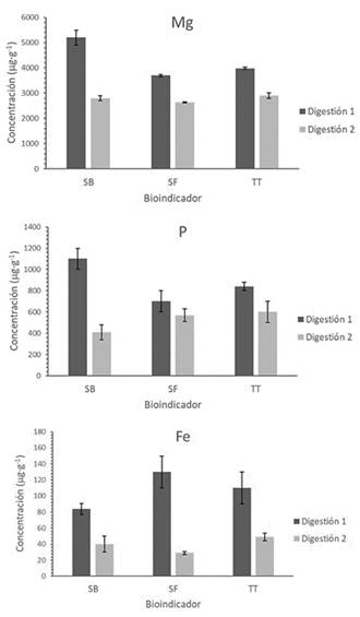Concentraci&oacute;n media de Mg, P y Fe (&micro;g&middot;g-1) en las especies Sargassum buxifolium (SB), Syringodium filiforme (SF) y Thalassia testudinum (TT) para cada m&eacute;todo de digesti&oacute;n