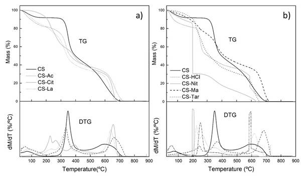 b). Thermogravimetric and differential thermogravimetric curves of chitosan and chitosan films