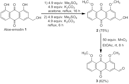 Synthesis of 4,5-dimethoxy-9,10-dioxo-9,10-dihydroanthracene-2-carbaldehyde, 3