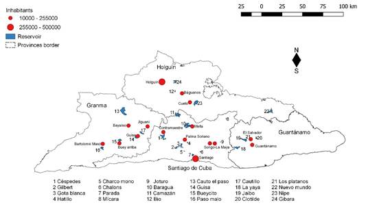 Map of the eastern Cuba with the localization and denomination of twenty-four reservoirs; catchment and nearest cities. Source: Elaborated with QGIS software, version 3.2.2-Bonn