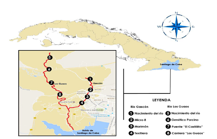 Localizaci&oacute;n de las estaciones de muestreo en la cuenca hidrogr&aacute;fica Guaos-Gasc&oacute;n de Santiago de Cuba