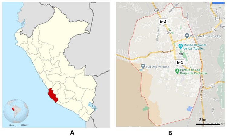 Localizaci&oacute;n de los puntos de monitoreo de la calidad del aire: A: Provincia de Ica donde se encuentra la ciudad objeto de estudio. B: Ciudad de Ica, donde se localizan los puntos de muestreos (E-1 y E-2)