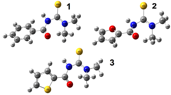 Geometr&iacute;as optimizadas de los receptores: 1-benzoil-3,3-dimetiltiourea (1), 1-(2-furoil)-3,3-dimetiltiourea (2) y 1-(2-tiofenil)-3,3-dimetiltiourea (3); DFT/B3LYP/6-311G(d,p).