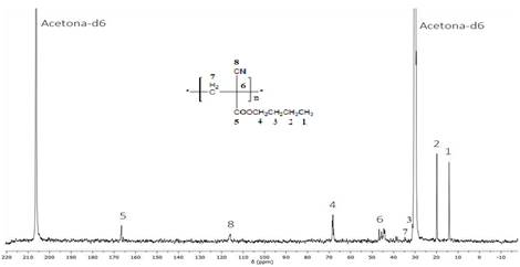 Espectro de RMN-13C de las nanopart&iacute;culas de PBCA
