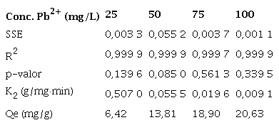 Constantes calculadas a partir del modelo cin&eacute;tico de pseudo segundo orden