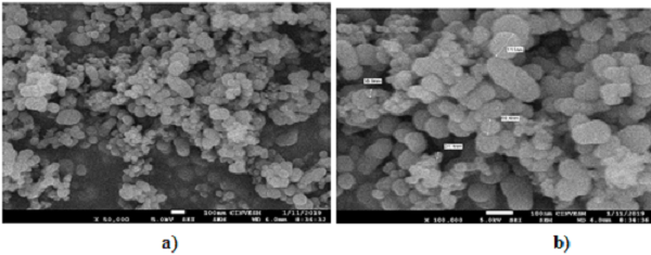 Micrografías SEM del aerosil OX50 usado como relleno inorgánico en la preparación de los composites dentales: (a) X50,000 y (b) X100,000