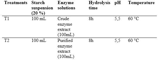 Treatment design for cassava starch hydrolysis using sweet potato enzyme extracts
