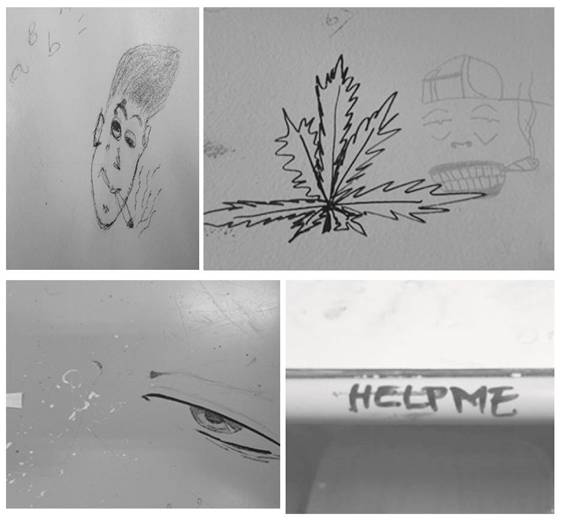 Registros fotográficos de grafitis plasmados en mobiliario y paredes de las instituciones educativas en las que se realizó la investigación.