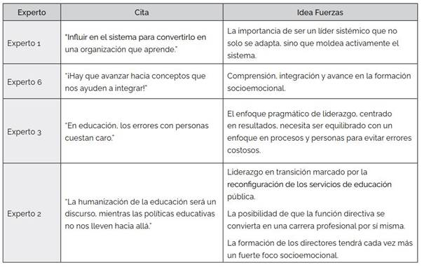 Ideas fuerza referidas a previsiones de cambio en el liderazgo educativo, según las voces de expertos entrevistados