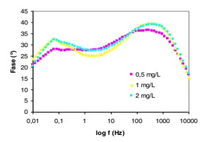 Diagrama de Bode para el lat�n a valores de pH 3 en presencia de varias concentraciones del inhibidor obtenido de la vinaza cubana.