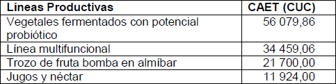 Resumen del CAET de las l�neas productivas proyectadas