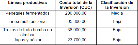 Resumen del costo total de inversi�n por l�neas productivas