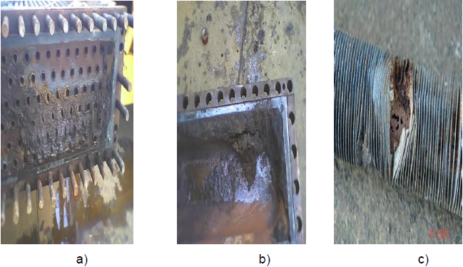 Daños por corrosión en el enfriador por aire A-204. a) Placa de tubos. La imagen esta invertida con respecto a la posición de trabajo, b) tapa de cabezal, c) tubo aleteado.