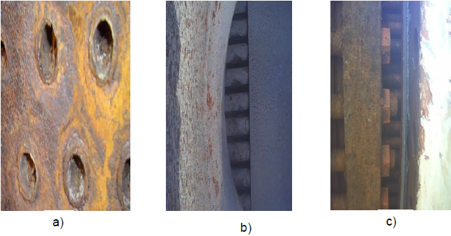 Daños por corrosión en el intercambiador E-208. a) Entrada de gases a la coraza y zona de unión de tubos a la placa, b) zona de brida en la unión tubo-placa, c) placa.