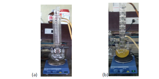 Instalaci&oacute;n experimental para la reacci&oacute;n de transesterificaci&oacute;n, a) el im&aacute;n para la agitaci&oacute;n, (b) mezcla reaccionante