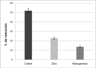 Porcientos de remoci&oacute;n de cobre (II), zinc (II) y manganeso (II) por Kluyveromyces marxianus CCEBI 2011 en la matriz real*