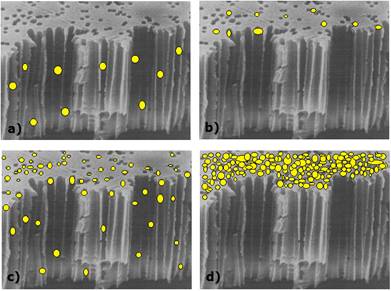Mecanismos de bloqueo de los poros de las membranas. (Bet-moushoul et al., 2016) 3. (a) Bloqueo interno de los poros. (b) Bloqueo parcial de los poros. (c) Bloqueo total de los poros. (d) Formación de torta.