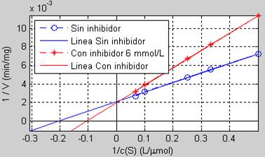 Gr&aacute;fica que muestra las extrapolaciones de las l&iacute;neas de mejor ajuste para el c&aacute;lculo de Km sin y con inhibidor.