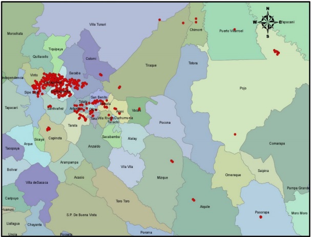 Puntos de muestreo del estudio, según municipio, Cochabamba
