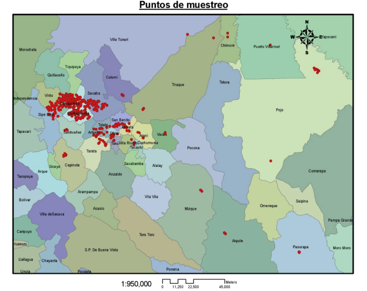 survey sampling points, by municipality, Cochabamba