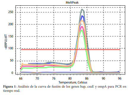 An&aacute;lisis de la curva de fusi&oacute;n de los genes bap csuE y ompA para PCR en tiempo real