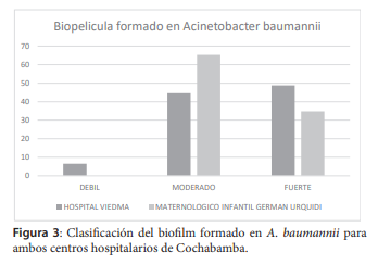 Clasificaci&oacute;n del biofilm formado en A baumannii para ambos centros hospitalarios de Cochabamba