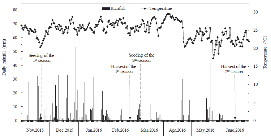 Daily rainfall (mm) and average temperature (°C) during two growing
seasons (“spring-summer” and “summer-fall”) of common beans in Cassilândia, MS, Brazil.
