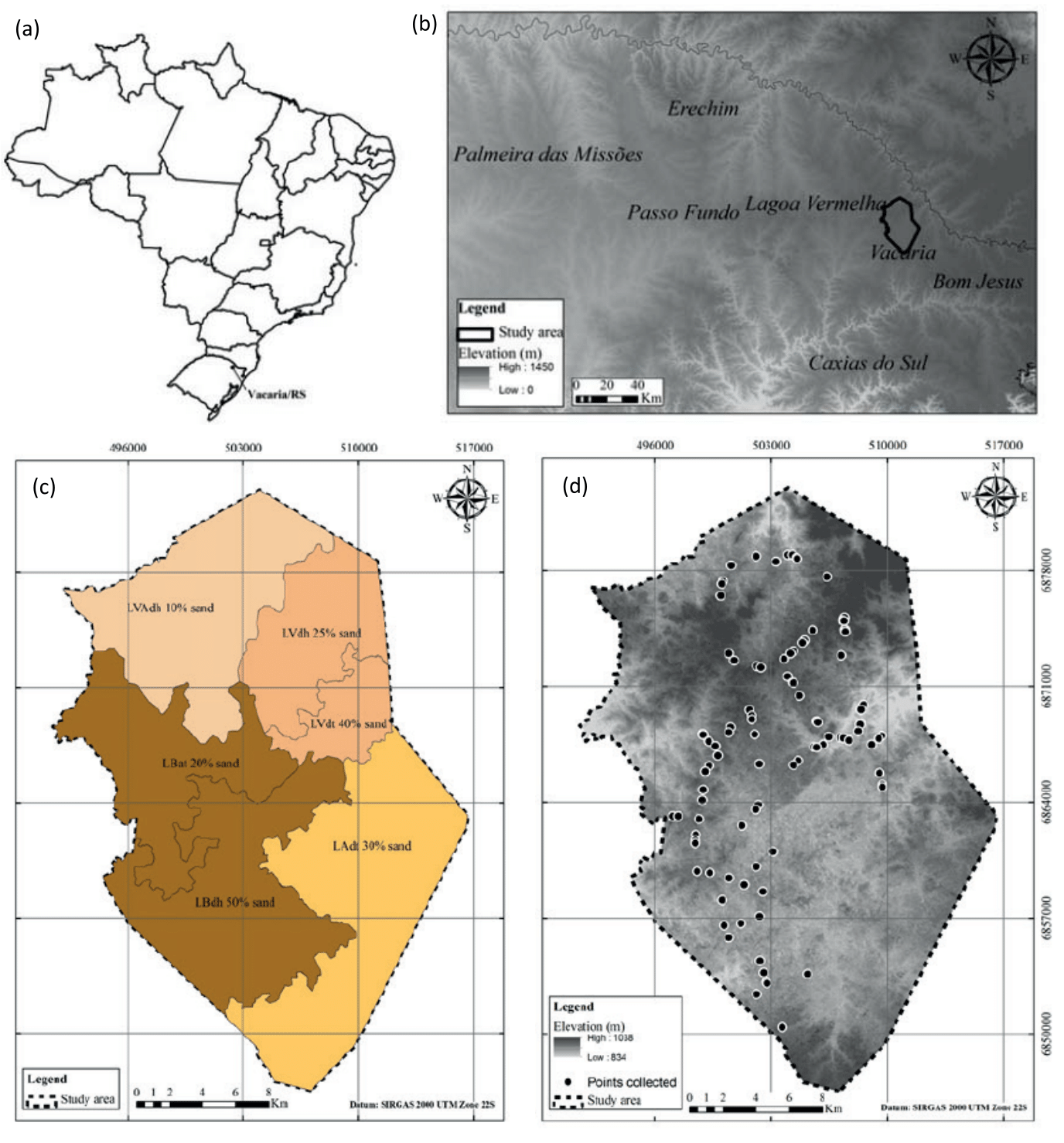 Location of the municipality
of Vacaria, RS (a, b); Soil map of the study area (c);
and location of the study area marked with the 100 soil
horizon sample collection sites (d). In Figure 1c: LVAdh = Latossolo Vermelho-Amarelo
distrófico húmico; LVdh = Latossolo
Vermelho distrófico húmico; LVdt = Latossolo Vermelho distrófico típico; LBat
= Latossolo Bruno aluminoférrico
típico; LBdh = Latossolo Bruno
distrófico húmico; LAdt
= Latossolo Amarelo distrófico típico.