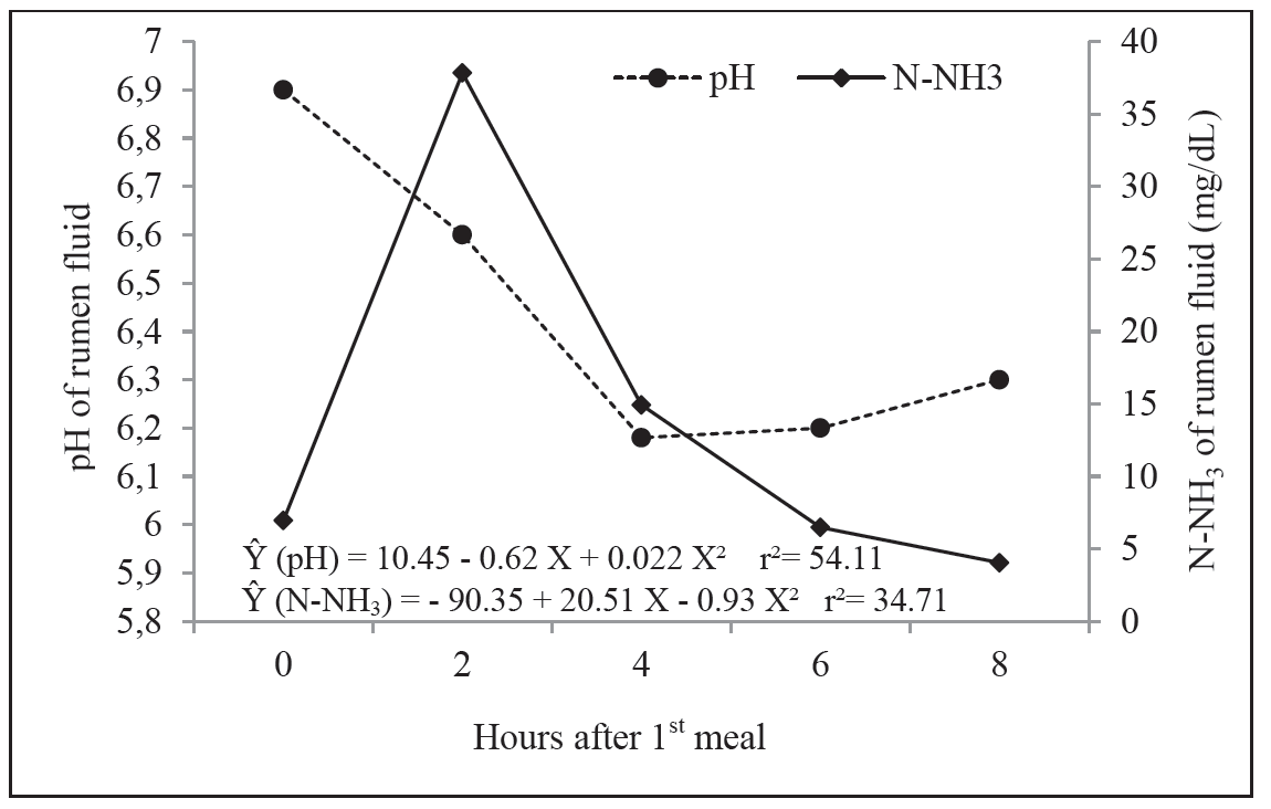  Mean values and regression equations of pH and
ammoniacal nitrogen (N-NH3) from rumen fluid of cattle according to the hours
after feeding.  



