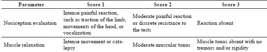 Score classification* of
						nociception and muscle relaxation evaluation of Panthera onca
						chemically-restrained with tiletamine, zolazepam, atropine, xylazine or
						detomidine