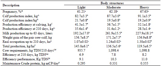 Adjusted means and standard error for reproductive performance and
						production efficiencies of Charolais cows with different body sizes