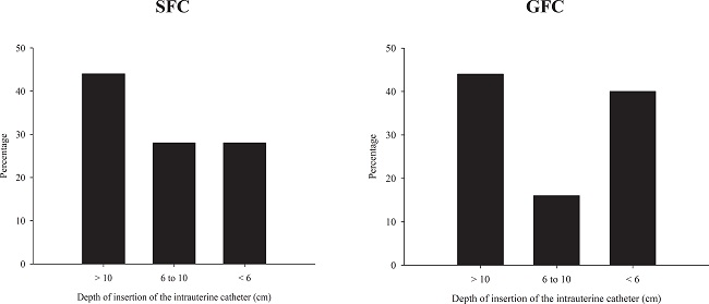 Success rates of insertion of the intrauterine catheter at the first
							insemination of estrus using a sow (SFC) or gilt (GFC) foam tip catheter
							as a guide for insertion.
