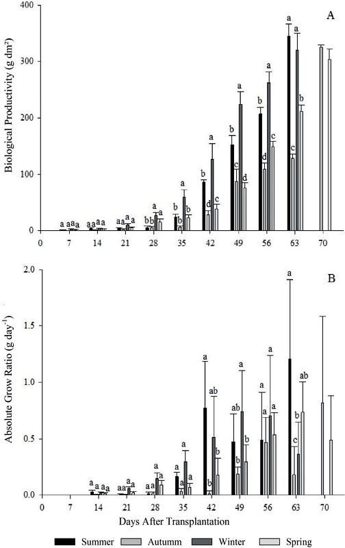 Biological productivity (A), absolute growth rate (B) for four
							growing seasons (summer, autumn, winter and spring) of escarole in 2015.
							Frederico Westphalen - RS.