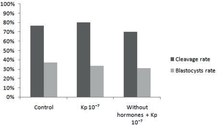 Mean percentage of cleavage and blastocyst rates of treatments of
							conventional maturation, maturation with addition of 10-7M
							Kp-10 and maturation without hormones LH and FSH, with addition of
								10-7M Kp-10, evaluated in D3 and D7,
							respectively.
