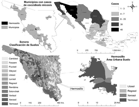Incidencia de coccidioidomicosis en México por entidad federativa y clasificación de tipo de suelo, 2015.