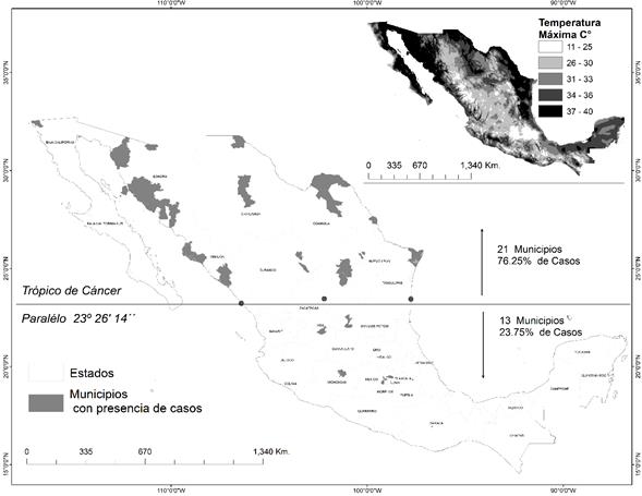 Clasificación climática en municipios con presencia de coccidioidomicosis y temperaturas máximas promedio México, agosto 2015.