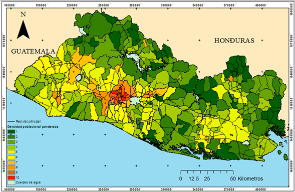 Densidad de población ponderada de menos denso (1) a más denso (10), por municipios en El Salvador