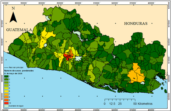 Número de contagios ponderado por municipio, de menor (1) a mayor (10).
