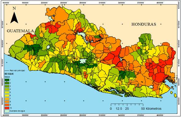 El Salvador: Porcentaje de cobertura boscosa por Municipio ponderada de mayor (1) a menor (10) cobertura boscosa, 2020.