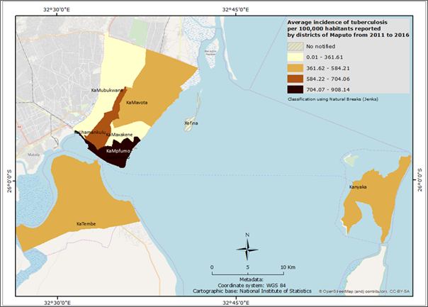 Spatial-temporal distribution of the average incidence rates of TB cases per 100 thousand inhabitants in the Municipality of Maputo, (2011 - 2016).