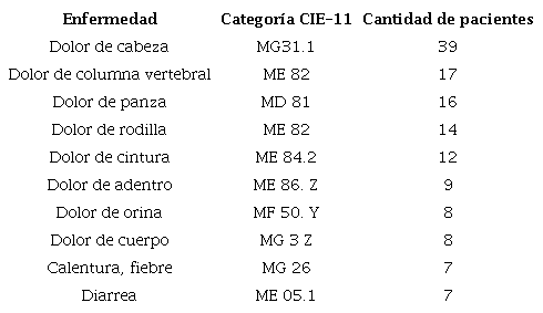 Enfermedades indicadas por la poblaci&oacute;n participantes como las diez primeras causas de consulta m&eacute;dica.