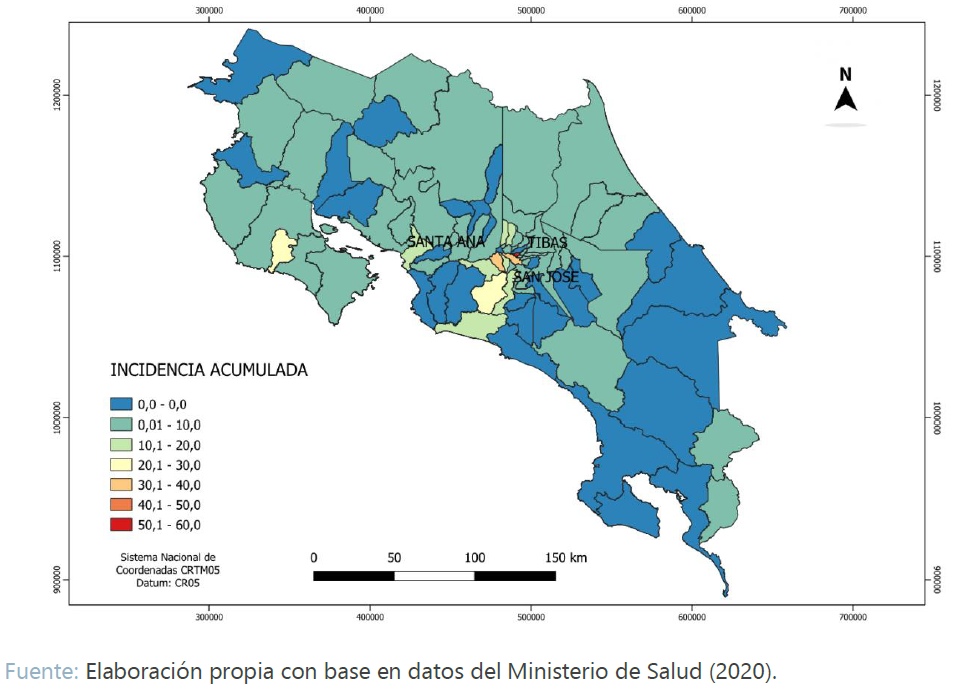 Mapa de IA por cant�n, Costa Rica, 2011-2018 (casos por cada 100 000 habitantes)